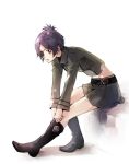  1girl akirakarin boots breasts chrome_dokuro commentary_request eyepatch katekyo_hitman_reborn! looking_at_viewer midriff purple_eyes purple_hair shiratama_akari short_hair simple_background skirt solo white_background 