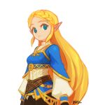  1girl artist_name blonde_hair blue_eyes braid breasts french_braid hair_ornament hairclip highres long_hair long_sleeves nintendo ohil_(ohil822) pointy_ears princess_zelda simple_background small_breasts solo straight_hair the_legend_of_zelda the_legend_of_zelda:_breath_of_the_wild thick_eyebrows triforce very_long_hair white_background 