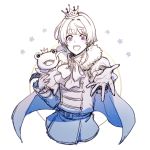  1boy cape crown fur_trim idolmaster idolmaster_side-m looking_at_viewer male_focus outstretched_hand pierre_(idolmaster) ponzu_(beetle_burner) purple_eyes simple_background smile stuffed_animal stuffed_frog stuffed_toy upper_body white_background 