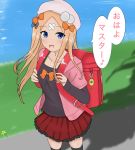  1girl :d abigail_williams_(fate/grand_order) alternate_costume atsumisu backpack bag bangs beret black_bow black_legwear black_shirt blue_eyes blush bow collarbone day eyebrows_visible_through_hair fate/grand_order fate_(series) flower hair_bow hat highres jacket long_hair long_sleeves looking_at_viewer open_clothes open_jacket open_mouth orange_bow outdoors parted_bangs pink_hat pink_jacket pleated_skirt polka_dot polka_dot_bow randoseru red_skirt shirt short_over_long_sleeves short_sleeves skindentation skirt smile solo standing thighhighs very_long_hair yellow_flower 