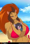  beach big_breasts bikini blush breasts clothed clothing domestic_cat felid feline felis female fur hair jahida_mccloud lion mammal mastergodai one_eye_closed pantherine seaside shaze smile swimsuit water wink 