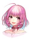  1girl bangs blue_hair collar earrings eyebrows_visible_through_hair fang hankuri idolmaster idolmaster_cinderella_girls jewelry multicolored_hair off-shoulder_shirt off_shoulder open_mouth pill_earrings pink_collar pink_hair portrait red_eyes shirt short_hair smile solo two-tone_hair yumemi_riamu 