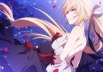  1girl bare_shoulders black_ribbon black_skirt blonde_hair breasts commentary_request detached_sleeves dress falling_petals feathers from_side holding_skirt kiss-shot_acerola-orion_heart-under-blade large_breasts long_hair monogatari_(series) night night_sky ntend parted_lips petals pointy_ears ponytail ribbon sideboob skirt sky star_(sky) starry_sky strapless strapless_dress vampire very_long_hair white_dress yellow_eyes 