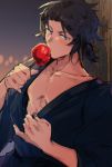  1boy against_tree black_hair blue_eyes blue_kimono candy_apple come_hither eating food granblue_fantasy japanese_clothes kimono kimono_pull lancelot_(granblue_fantasy) looking_at_viewer night nipple_tweak pulled_by_self self_exposure tree 