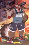  2019 absurd_res anthro baseball_(disambiguation) biceps canid canine canis clothed clothing digital_media_(artwork) fur hi_res male mammal muscular muscular_male nipples pecs scar shirt shorts simple_background solo tank_top ted3537 