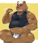 2019 anthro belly blush brown_fur bulge clothing eyes_closed food fur hi_res humanoid_hands male mammal navel nikiciy overweight overweight_male shirt simple_background sitting solo teeth underwear ursid 
