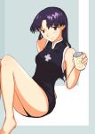  1girl absurdres alcohol ass bangs beer beer_can black_dress blue_background blush breasts brown_hair can cross crucifix dress earrings highres jewelry katsuragi_misato long_hair looking_at_viewer medium_breasts necklace neon_genesis_evangelion purple_hair sitting sleeveless smile thick_thighs thighs tux2 