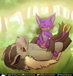  2019 blush canid canine collar cowgirl_position digital_media_(artwork) duo eeveelution espeon female feral forest fur grass hybrid knot legendary_pok&eacute;mon male male/female mammal mew mightyena nintendo on_top open_mouth outside penetration penis pok&eacute;mon pok&eacute;mon_(species) pussy pussy_juice rymherdier sex smile tree vaginal vaginal_penetration video_games 