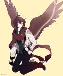  1boy alternate_costume brown_hair casual gloves granblue_fantasy high_heels holding lucifer_(shingeki_no_bahamut) male_focus pants preline red_eyes sandalphon_(granblue_fantasy) scarf shirt short_hair stuffed_toy wings 