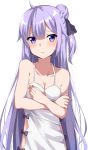  1girl absurdres ahoge azur_lane bangs bare_arms bare_shoulders black_bow black_ribbon blush bow breasts cleavage collarbone commentary_request dress eyebrows_visible_through_hair hair_between_eyes hair_bun hair_ribbon halterneck highres kohakope long_hair one_side_up parted_lips purple_eyes purple_hair ribbon simple_background small_breasts solo unicorn_(azur_lane) upper_body very_long_hair white_background white_dress 
