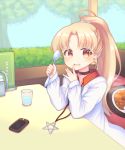  1girl :d azur_lane bangs black_choker blonde_hair blush cellphone choker cleveland_(azur_lane) cup curry curry_rice day drinking_glass drooling eyebrows_visible_through_hair food hedge_(plant) high_ponytail holding holding_spoon indoors jacket jewelry long_hair long_sleeves open_clothes open_jacket open_mouth parted_bangs pendant pentagram phone ponytail red_eyes rice sakurato_ototo_shizuku saliva seat sitting sleeves_past_wrists smile solo spoon table tree very_long_hair water white_jacket window 