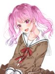  1girl :d bang_dream! bangs blush brown_dress double-breasted dress hanasakigawa_school_uniform ito22oji long_hair long_sleeves looking_at_viewer maruyama_aya neck_ribbon open_mouth pink_eyes pink_hair red_neckwear ribbon sailor_dress school_uniform sidelocks simple_background smile solo twintails upper_body white_background 