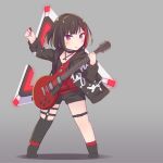  1girl :o ayasaka bang_dream! bangs black_choker black_footwear black_hair black_legwear black_shorts bob_cut boots choker commentary_request electric_guitar full_body grey_background guitar holding holding_instrument hood hood_down hooded_jacket instrument jacket jewelry kneehighs long_sleeves looking_at_viewer mitake_ran multicolored_hair pendant plectrum purple_eyes red_hair red_shirt shirt short_hair short_shorts shorts single_kneehigh solo standing streaked_hair thigh_strap v-shaped_eyebrows 