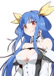  1girl angel areola_slip areolae bangs bare_shoulders black_choker blue_hair blush breasts bustier choker cleavage closed_mouth collarbone detached_sleeves dizzy eyebrows_visible_through_hair guilty_gear hair_ribbon hair_rings highres kyo9999 long_hair looking_at_viewer medium_breasts red_eyes ribbon simple_background smile solo twintails updo upper_body yellow_ribbon 