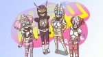  4girls akaza_akari arms_behind_back blonde_hair commentary_request crossover double_bun funami_yui hands_on_hips highres kamen_rider kamen_rider_blade kamen_rider_blade_(series) kamen_rider_chalice kamen_rider_garren kamen_rider_leangle logo long_hair mask multiple_girls parody red_hair tokusatsu toshinou_kyouko twintails yoshikawa_chinatsu yuru_yuri zolgheim 