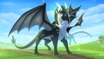  2019 claws day detailed_background digital_media_(artwork) dragon duo feral hi_res horn hug membranous_wings outside scalie sky smile spines standing western_dragon wings wrappedvi 