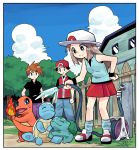  1girl 2boys baseball_cap black_hair black_shirt blue_(pokemon) blue_legwear blue_pants blue_sky border breasts bright_pupils building bulbasaur charmander closed_mouth cloud creatures_(company) day fence fire game_freak gen_1_pokemon grass hand_on_hip hat holding hose legs_apart long_hair loose_socks medium_breasts miniskirt multiple_boys nintendo ookido_green outdoors pants pokemon pokemon_(game) pokemon_frlg porkpie_hat purple_pants red_(pokemon) red_hat red_skirt shirt shoes short_sleeves skirt sky smile squirtle standing straight_hair tonmoh tree water white_border white_footwear white_hat white_pupils white_skirt wooden_fence wristband 