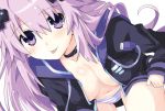  1girl adult_neptune blush breasts d-pad d-pad_hair_ornament hair_ornament iwasi-r jacket long_hair looking_at_viewer neptune_(series) open_clothes open_jacket panties purple_eyes purple_hair shin_jigen_game_neptune_vii solo striped striped_panties underwear 