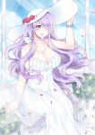  1girl alternate_costume arm_up blue_sky breasts camilla_(fire_emblem_if) cleavage cloud day dress fire_emblem fire_emblem_if flower hair_over_one_eye hand_on_headwear hat hat_flower highres large_breasts long_hair nintendo open_mouth petals plushcharm purple_eyes purple_hair sitting sky solo sun_hat twitter_username white_dress white_hat 