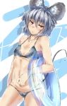  1girl animal_ear_fluff animal_ears bikini black_bikini breasts commentary cowboy_shot doughnut_innertube erect_nipples eyebrows_visible_through_hair grey_hair innertube looking_at_viewer mouse_ears mouse_tail nazrin ototobe red_eyes see-through short_hair small_breasts solo swimsuit tail touhou 