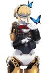  1girl aegis_(persona) android armor blonde_hair blush bow bug butterfly headphones highres insect persona persona_3 rdc7229 ribbon robot_joints short_hair simple_background solo vest visor weapon 