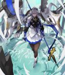  1girl absurdres azur_lane black_legwear boots breasts character_name coat copyright_name full_body gauntlets hair_ornament highres large_breasts long_hair long_sleeves miniskirt narakuuu pantyhose pleated_skirt polearm red_eyes saint-louis_(azur_lane) silver_hair sketch skirt solo spear turret walking wavy_hair weapon white_footwear 