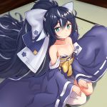  +_+ 1girl asymmetrical_legwear azur_lane bangs bare_shoulders black_hair blue_eyes blue_kimono blurry blurry_background blush bow closed_mouth collarbone commentary_request depth_of_field eyebrows_visible_through_hair flat_chest hair_between_eyes hair_bow high_ponytail indoors japanese_clothes kimono long_hair long_sleeves looking_at_viewer nipple_slip nipples pnt_(ddnu4555) single_thighhigh sitting sleeves_past_wrists solo strapless thighhighs very_long_hair wariza white_bow white_legwear wide_sleeves yoizuki_(azur_lane) 