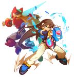  1boy brown_hair green_eyes holding holding_sword holding_weapon long_hair model_zx rockman rockman_zx shouting sword tomycase transformation vent weapon 