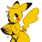  2019 amber_eyes anthro big_breasts blush blush_stickers breasts cleft_tail dipstick_ears female fur half-length_portrait hand_on_breast nintendo nipples nude pikachu pok&eacute;mon pok&eacute;mon_(species) portrait presenting presenting_breasts short_stack simple_background smile solo thick_thighs video_games voluptuous white_background xylas yellow_fur yellow_nipples 