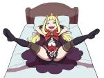  1girl arms_behind_head bed blonde_hair blue_eyes cagliostro_(granblue_fantasy) circlet granblue_fantasy long_hair looking_at_viewer lying on_back shadow solo spread_legs thighhighs white_background yoshino_norihito 