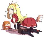  1girl all_fours blonde_hair blue_eyes cagliostro_(granblue_fantasy) circlet constricted_pupils dog dog_food eating food food_on_face granblue_fantasy long_hair looking_back shadow solo thighhighs white_background yoshino_norihito 