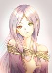  1girl artist_name atoatto bare_shoulders dress fire_emblem fire_emblem:_fuuin_no_tsurugi green_eyes grey_background heterochromia idoun long_hair mamkute nintendo parted_lips pointy_ears purple_hair red_eyes sidelocks signature simple_background solo strapless strapless_dress upper_body 