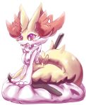  anthro blush braixen chest_tuft dipstick_tail fluffy fluffy_tail happy hi_res inner_ear_fluff multicolored_tail nintendo nyaswitchnya pillow pok&eacute;mon pok&eacute;mon_(species) sitting solo stick tuft video_games 