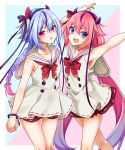  2girls arms_up blue_eyes bow cowboy_shot dress fang gradient_hair hairband horned_headwear long_hair low-tied_long_hair meika_hime meika_mikoto multicolored_hair multiple_girls pink_eyes pink_hair sailor_collar sailor_dress siblings streaked_hair twins twintails very_long_hair vocaloid yodare_(3yami8) 