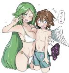  1boy 1girl bangs beach bikini breasts brown_hair cleavage collarbone erection goddess green_eyes green_hair kid_icarus kid_icarus_uprising looking_at_viewer male_swimwear navel nintendo one_eye_closed palutena penis pit_(kid_icarus) short_hair stomach super_smash_bros. super_smash_bros._ultimate swim_trunks swimsuit swimwear v white_background white_bikini white_stew wings 