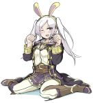  1girl animal_ears belt breasts brown_eyes bunny_ears cleavage fake_animal_ears female_my_unit_(fire_emblem:_kakusei) fire_emblem fire_emblem:_kakusei highres long_hair long_sleeves my_unit_(fire_emblem:_kakusei) nintendo one_eye_closed open_mouth simple_background sitting solo twintails user_csvj8884 white_background white_hair 