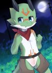  anthro bandanna blue_eyes blush clothing cub cubboard dragon grass horn male moon mountain navel night outside plant shorts shrub slit smile solo young 