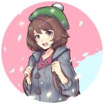  1girl :d backpack bag bangs blue_background blush bobblehat brown_hair cardigan cat_with_a_brush collared_shirt creatures_(company) eyebrows_visible_through_hair female_protagonist_(pokemon_swsh) game_freak green_hat grey_cardigan hat long_sleeves looking_at_viewer nintendo open_mouth pink_background pink_shirt pokemon pokemon_(game) pokemon_swsh purple_eyes round_teeth shirt short_hair smile solo teeth two-tone_background upper_body upper_teeth 