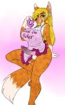  alruic anthro apron balls breasts canid canine clothed clothing cum cum_on_breasts cum_on_face curvaceous dickgirl doughnut erection food fox hi_res humanoid_penis intersex looking_at_viewer mammal penis rose_(skaii-flow) simple_background smile solo text tongue tongue_out 