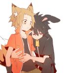  2boys animal_ears black_hair black_shirt blonde_hair bunny_ears cat_ears fake_animal_ears gold_eyes hug multiple_boys red_eyes shirt 