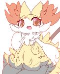  anthro blush braixen chest_tuft dipstick_tail female fluffy fluffy_tail happy inner_ear_fluff looking_at_viewer multicolored_tail navel nintendo nyaswitchnya offering_hand pok&eacute;mon pok&eacute;mon_(species) solo stick tuft video_games 