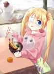  1girl blonde_hair blue_eyes chopsticks eating eyepatch food fruit holding holding_chopsticks hood hood_down hooded_sweater indoors kotatsu long_hair long_sleeves looking_at_viewer mandarin_orange nakatsu_shizuru noodles pink_sweater ramen rewrite sitting smile snowman solo striped striped_legwear sweater table tagame_(tagamecat) twintails under_kotatsu under_table very_long_hair wariza 