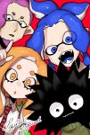  1girl 3boys black_eyes blue_eyes blue_hair eyes_visible_through_hair fangs group_name ichiya_(splatoon) ikkan_(splatoon) kameno_(nameko_ziru_n) long_hair looking_at_viewer multiple_boys murasaki_(splatoon) namida_(splatoon) open_mouth orange_eyes orange_hair pointy_ears sea_urchin smile splatoon splatoon_(series) splatoon_1 tentacle_hair 