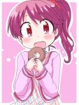  1girl doughnut food geetsu idolmaster idolmaster_cinderella_girls open_mouth pink_hair ponytail shiina_noriko 