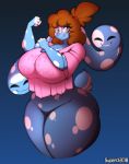  2018 absurd_res amber_eyes anthro big_breasts bottomless breasts brown_hair clothed clothing curvaceous english_text eyewear female geeflakes_(character) glasses hair hi_res lagomorph mammal monster pink_nose rabbit shirt solo superix text thick_thighs tongue tongue_out 