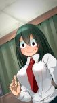  1girl :&gt; asui_tsuyu black_eyes boku_no_hero_academia breasts buttons collared_shirt curtains cynthia1m dress_shirt eyebrows_visible_through_hair frog_girl green_hair green_skirt hair_between_eyes hair_rings highres indoors large_breasts long_hair long_sleeves looking_at_viewer necktie perky_breasts pleated_skirt red_neckwear sanpaku school_uniform shirt skirt solo u.a._school_uniform very_long_hair white_shirt 