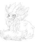  anthro braixen chest_tuft dipstick_tail fluffy fluffy_tail from_behind_(disambiguation) happy hi_res inner_ear_fluff line_art looking_at_viewer monochrome multicolored_tail nintendo nyaswitchnya pawpads pok&eacute;mon pok&eacute;mon_(species) solo stick tuft video_games 