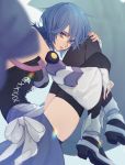  1girl aqua_(kingdom_hearts) bare_shoulders black_legwear blue_eyes blue_hair breasts detached_sleeves eyebrows_visible_through_hair fingerless_gloves gloves highres itou_(very_ito) kingdom_hearts kingdom_hearts_birth_by_sleep kingdom_hearts_iii looking_at_viewer medium_breasts short_hair simple_background solo thighhighs 