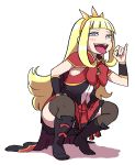  1girl blonde_hair blue_eyes cagliostro_(granblue_fantasy) circlet fellatio_gesture granblue_fantasy long_hair looking_at_viewer shadow solo squatting thighhighs tongue tongue_out white_background yoshino_norihito 