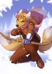  2019 5_fingers anthro arrow bow canid canine clothed clothing detailed_background digital_media_(artwork) fox grass hi_res holding_object holding_weapon kyander male mammal solo weapon yellow_eyes 